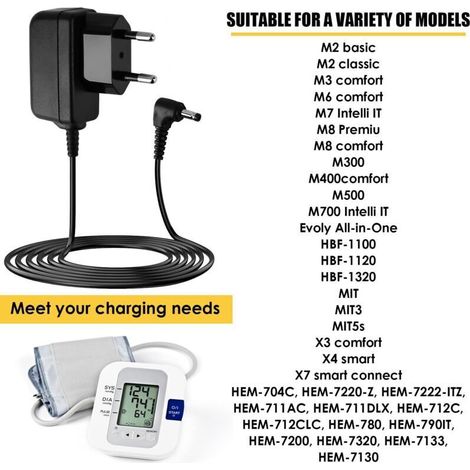 Chargeur 6 V pour tensiomètre Omron, adaptateur secteur CA pour tensiomètres Omron séries M7, M500, M700, M3, M5, câble de recharge de rechange 1,4 m compatible avec les séries M2, M6, M8, M9, X3, X4,