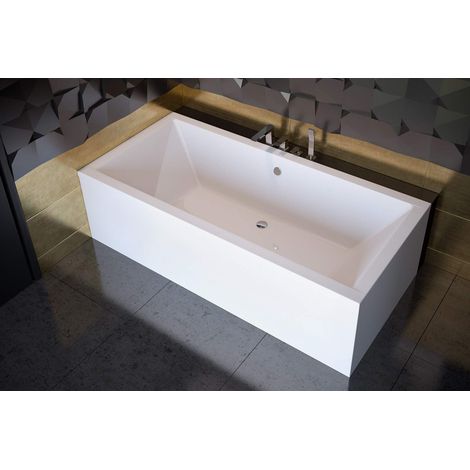 ECOLAM Badewanne 190x90 cm Quadro + Schürze große Wanne Rechteck für 2 Personen Design Acryl weiß + Ablaufgarnitur Füße Silikon Komplett-Set Rechteckbadewanne für zwei
