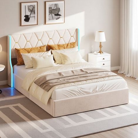 Bett Hydraulik 160x200 cm - Bett mit Stauraum für Erwachsene, Doppelbett für 2 Personen mit RGB-LED und Kopfteil aus beigem Samt - Luxus-Design aus Leinenstoff