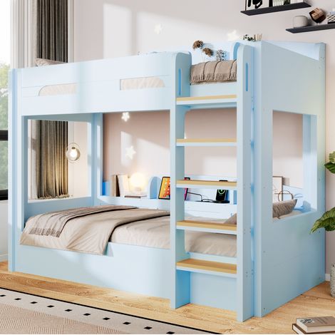 Litera infantil 90x200 cm de MDF y pino azul con estantes, sin colchón – MEUBLIV (1/5)
