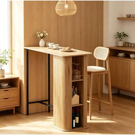 Table de bar 112x50x106 cm en MDF et métal, couleur chêne, rangement intégré pour cuisine – MEUBLIV (1/5)