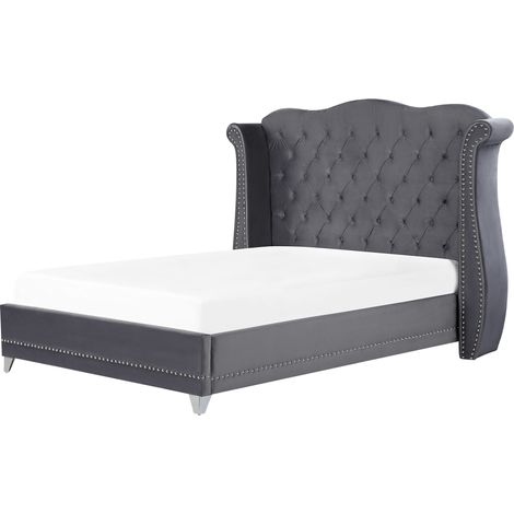 Cama con somier de terciopelo gris 160 x 200 cm listones cabecero capitoné Ayette