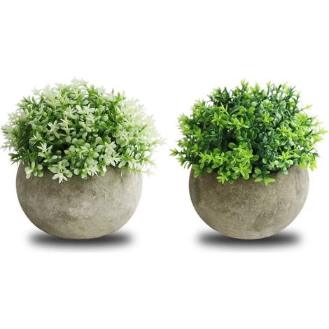 Lot de 2 boules semi-circulaires de bonsaï artificiel en pulpe de palmier, plantes vertes en pot, ornements blancs et verts, pour décoration de bureau. (1/5)