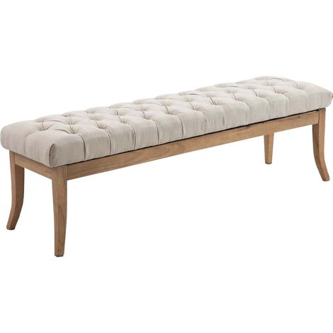 Panca design Chesterfield cm 150 con cuciture decorative tessuto panna base legno chiaro 100003698