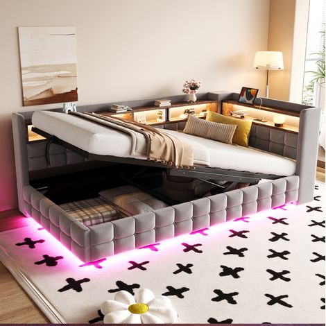 REDOM Schlafsofa 217x105.5x85 cm, mit hydraulischem Stauraum, Holzregalen, LED und Steckdose, Samtstoff, hellgrau (1/5)