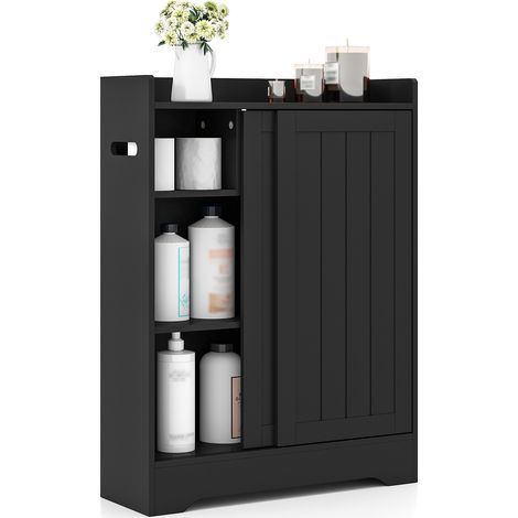 Costway – Meuble pour WC noir – Armoire de rangement 60 x 20 x 80 cm – 2 portes coulissantes – 2 porte-papier toilette – Étagères réglables (1/4)