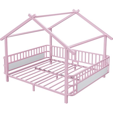 Lit enfant en métal forme de maison 140 x 200 cm avec barrière de sécurité et cadre décoratif rose sans matelas