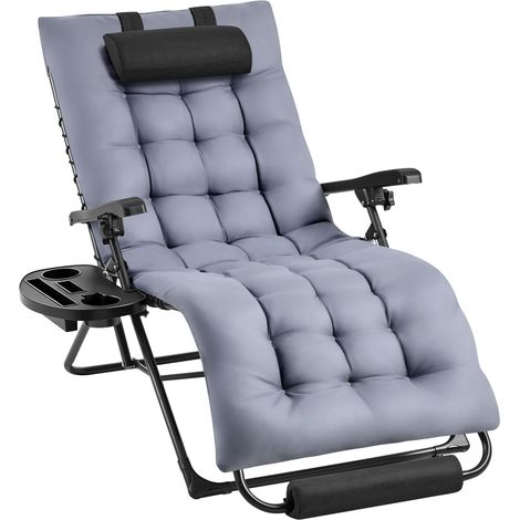 Yaheetech Fauteuil de Jardin Zéro Gravité Extensible avec Coussin Chaise Longue Pliable Extérieur avec Oreiller Plateau 74,5 cm Large Gris Foncé