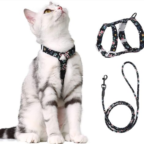 1 harnais pour chat, motif floral, laisse intégrée, sangle poitrine réglable, anti-fugue, taille S, pour chats petits et moyens (1/5)