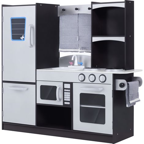 Cuisine argent et marron en bois avec four, micro-ondes et évier 105x31,5x95 cm, dès 3 ans, jouet d'imitation design moderne pour enfant pratique et complet