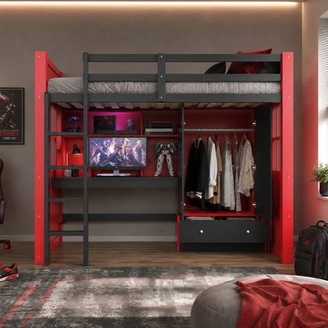 Lit Superposé 90x200cm - Bureau Intégré - LED et Prises - Placard et Tiroirs - Escalier avec Rangements - Structure Pin Massif - Capacité 120kg- Noir (1/5)