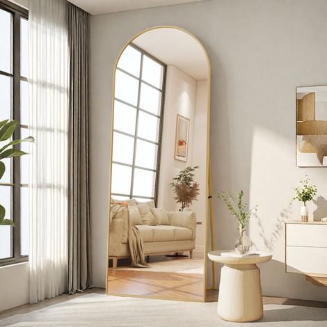 Miroir sur pied 164 x 54 - Miroir pleine longueur arqué - Grand miroir de dressing - Peut être fixé au mur - Cadre aluminium étroit - Doré moderne - Salon/Chambre (1/5)