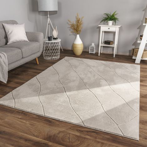 Wohnzimmer Teppich Esszimmer Kurzflor Skandinavisch 80 cm x 150 cm x 14 mm Creme Rechteckig