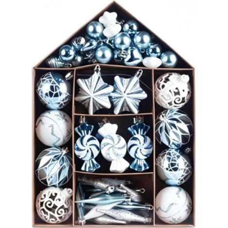 Juego de 73 adornos navideños azules, blancos y plateados, caja de regalo con forma de casa, decoraciones navideñas de plástico. (1/4)