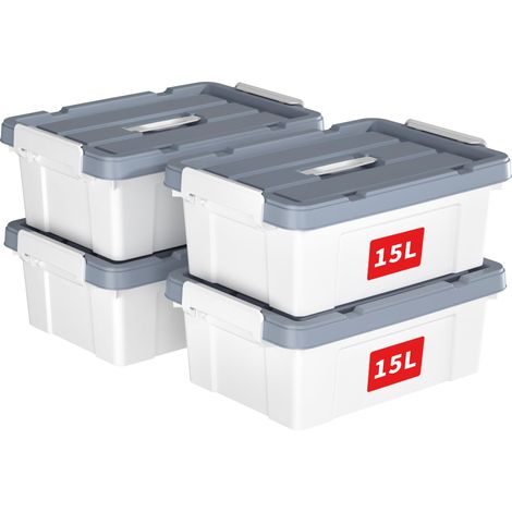 15L4 Boîte de Rangement, Bac de rangement avec Poignée, Plastique Organisateur avec Couvercle, Empilable, Transportable, pour Vêtements, Bureau, Chambre, Dortoirs, Blanc, 15L - Lot de 4 (1/5)