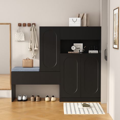 Meuble chaussures avec banc, portes cintrées, soft-close, noir 130 x 35 x 110 cm DESVIAE (1/5)