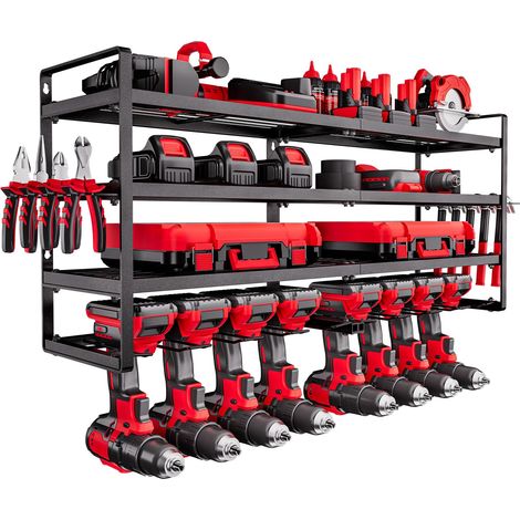 Organiseur mural pour outils électriques, support de rangement à 4 niveaux avec 8 emplacements, porte-outils avec support de tournevis, étagère à outils pour garage, établi et atelier, noir (1/5)