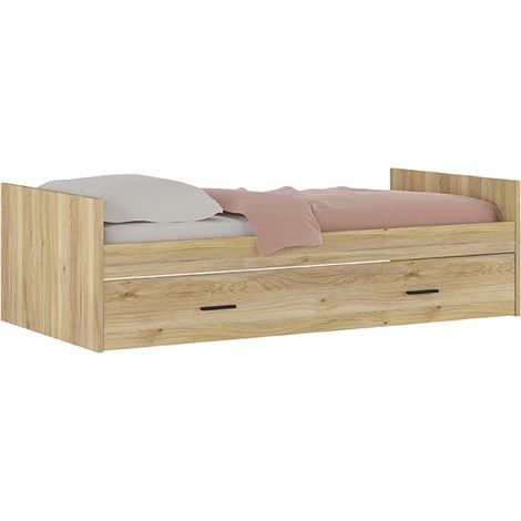 Lit gigogne avec 1 tiroir coloris chêne Mauvella - Longueur 202 x profondeur 98 x hauteur 58 cm (1/3)