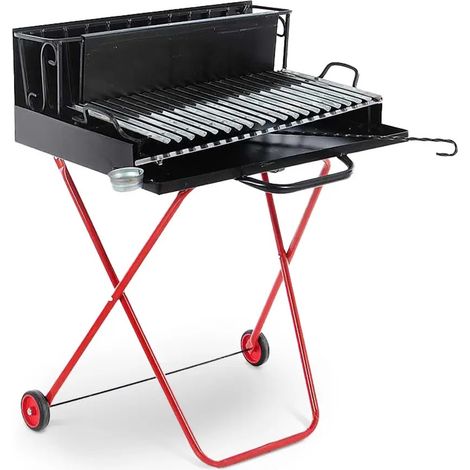 Barbecue a Legna Portatile con Griglia in Acciaio Inox, Ripiano Recupera Grassi, Pieghevole con Ruote, Made in Italy, Con tira braci e bicchiere raccogli olio OMAGGIO (EXTRA LARGE)