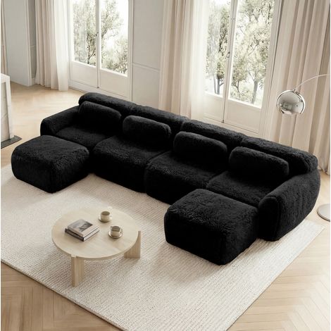 Sofá modular negro de tejido suave, sin montaje, con asiento ergonómico y base antideslizante,378x179x73 cm (1/5)