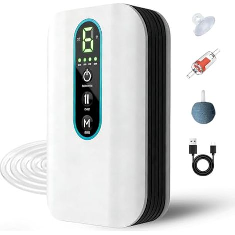 Pompe à air d'aquarium, rechargeable par USB, avec 1 sortie, 6 niveaux de débit d'air réglable, 3 l/min, aérateur portable, pompe d'aquarium pour aquariums, étangs de jardin, pêche en plein air (1/5)