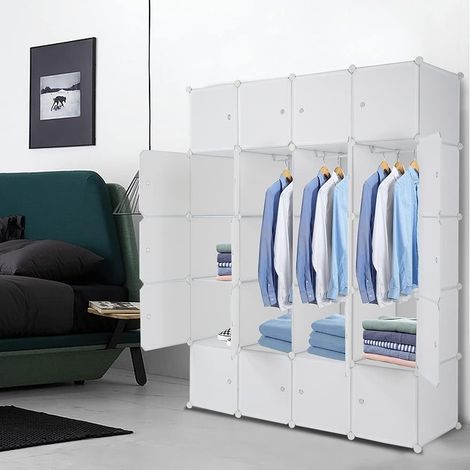 Armoire Modulable 20 Compartiments, Armoire Penderie, Système de Rangement en Cubes,Placard Modulaire pour Vêtements, Chaussures et Jouets, 142 x 47 x 178 cm, Blanc