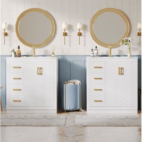 Mueble de baño con lavabo moderno blanco en MDF, 3 cajones, 2 puertas y estantes laterales abiertos, 76,5x46,5x84,5 cm (1/5)