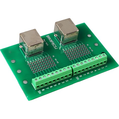Carte de dérivation RJ45 Ethernet avec double port réseau et bornier à vis d'entrée, support inclus.