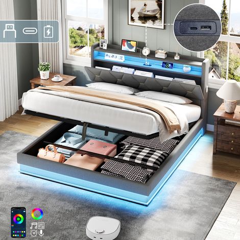 5ft King Upholstered Bed Frame with Hydraulic Storage, LED Headboard with Charging Station and Concealed Headboard Storage, USB and Type - C Ports, Linen, No Box Spring Needed, Grey (No Mattress)