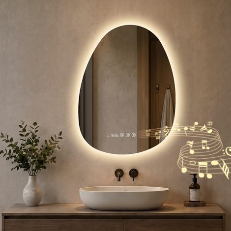 S'AFIELINA Badspiegel mit Beleuchtung Asymmetrisch 60 x 45 cm mit 3 Lichtfarben dimmbar, beschlagfrei, Bluetooth, Uhr, Temperatur, Speicherfunktion (1/5)