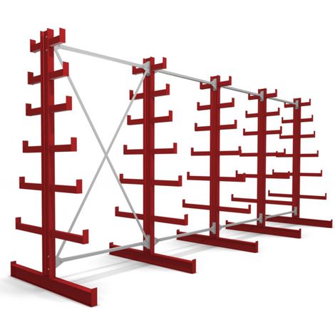 Rayonnage à bras en porte-à-faux STIER, double, 4 travées avec 6 niveaux décroissants 5200x2000x500 mm, rouge feu (1/4)