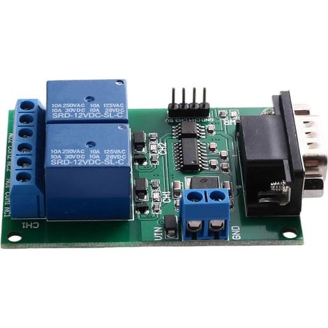 Carte de commande à distance, module relais port série, 12 V CC, 2 canaux, connecteur DB9 mâle RS232 (1/5)