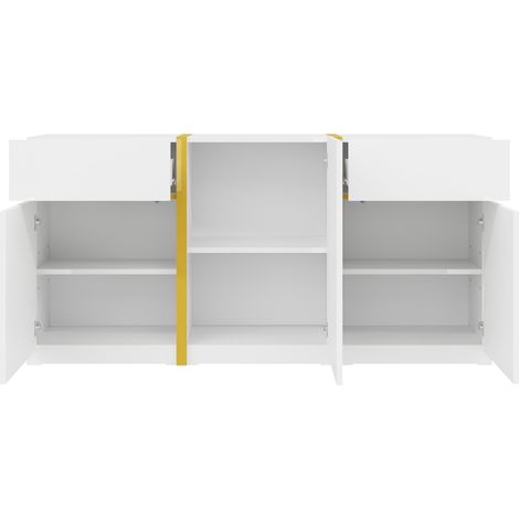 Credenza moderna bianca lucida con 3 ante e 2 cassetti, 160 x 40 x 78 cm, MODENUIT (1/5)