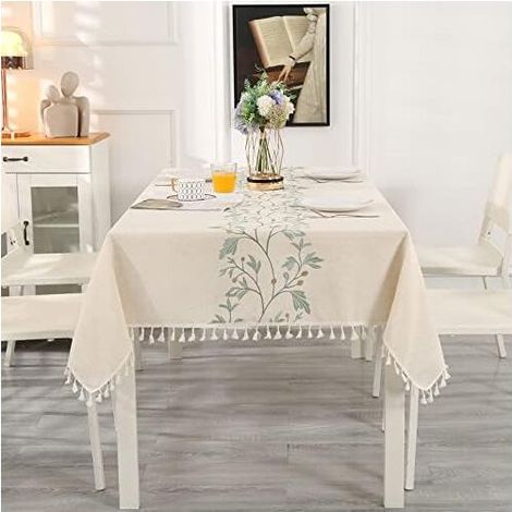 Tovaglia rettangolare beige antimacchia, lavabile, in cotone e lino, con frange, ricamo a foglia verde e frange, tovaglia impermeabile per tavolo da pranzo, 140 x 180 cm.