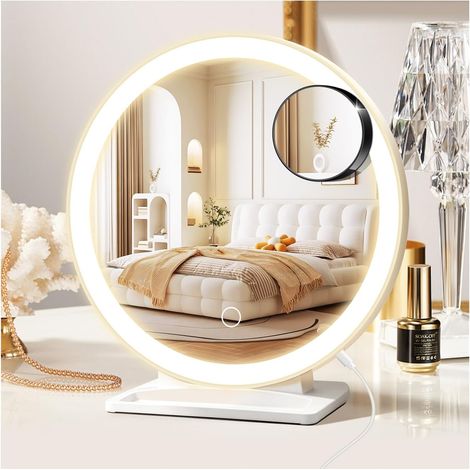 Miroir de Maquillage avec éclairage, Miroir grossissant avec Ventouse 30 Fois, 3 Couleurs de lumière et Angle réglable, Miroir de Table pour la Chambre à Coucher, 31,5 x 29 cm (1/5)