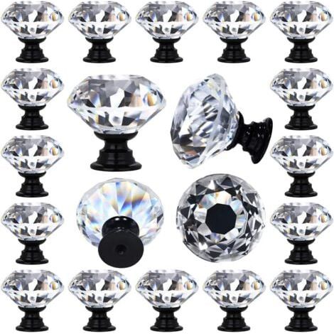 Lot de 12 poignées de tiroir en verre cristal transparent en forme de losange décoratif pour cuisine, commode, 30 mm (1-1/4"), base de couleur noire (1/5)