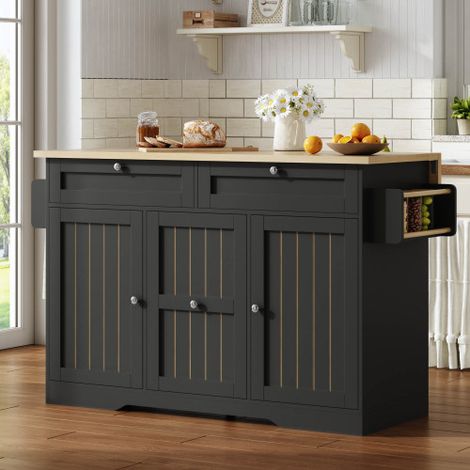 Îlot central cuisine mobile avec plateau extensible, chariot cuisine avec rangement, 2 tiroirs, étagères à épices, porte-serviettes et roulettes verrouillables, noir, 120 x 45(70) x 92 cm (1/5)
