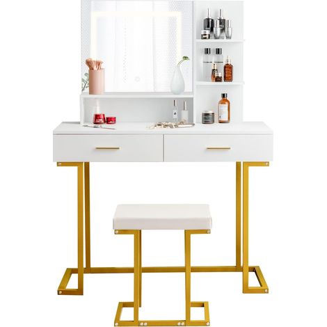 GOPLUS Coiffeuse avec Miroir à LED Lumineux, Tabouret Rembourré&Stockage Multiple,45Px100lx137Hcm,Blanc+Pieds en Métal (1/5)