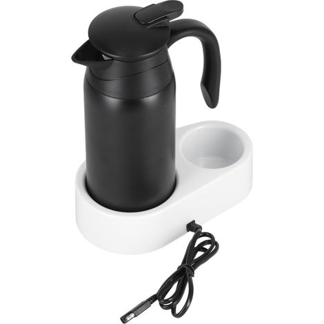 Bouilloire électrique portable 800ml pour voiture - Distributeur d'eau avec base blanche et joint en silicone - Idéal pour les voyages - Noir