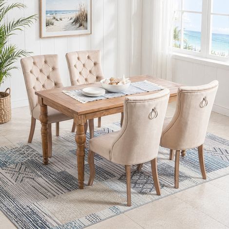 Set de 4 sillas de comedor en terciopelo beige con respaldo alto ergonómico, botones capitoné, patas de madera y montaje fácil para salón, cocina o bistró CHICFURN (1/5)