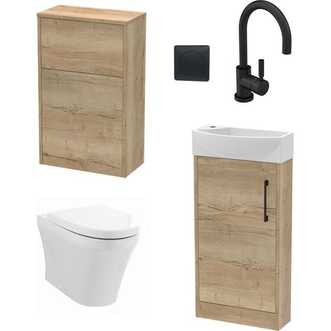 Winshill Cloakroom Suite - Right Hand 440mm Vanity, WC Unit, Toilet and Tap - Oak/Black (1/5)