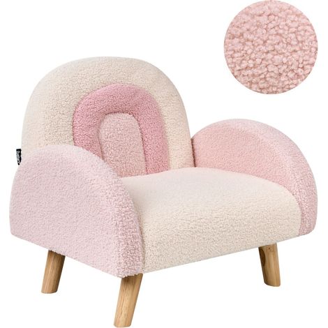 Fauteuil Enfant Arc-en-ciel Pieds en Bois Chaise Rembourrée Bouclé Rose Pastel Ombo (1/5)