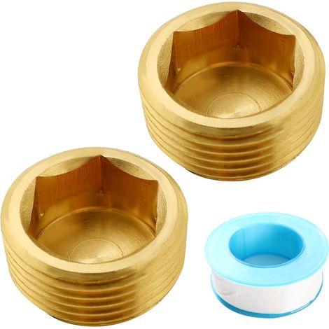 2 Pièces G3/4 Hexagone Intérieur Bouchon Laiton Mâle, Bouchons de Tuyau Hexagonaux en Laiton, Bouchons de Tuyau Bouchon en Laiton, avec Ruban de Matière Première (1/5)