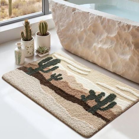 Bath mat 50 x 80 cm, non-slip and absorbent, machine washable, soft and comfortable for shower and bathtub, beige cactus pattern