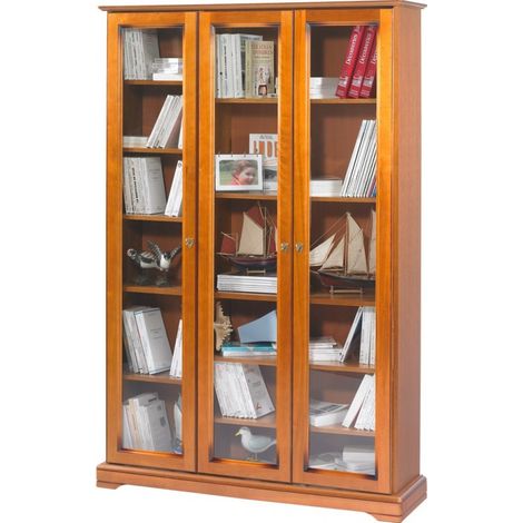 Bibliothèque 3 portes vitrées en finition merisier - FLORIE (1/3)