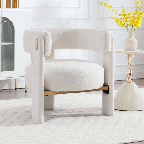 Fauteuil Lounge Peluche Blanc avec Dossier Courbé et Pieds Bois (1/5)