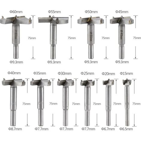 10 brocas para madera de 15-60 mm, fresas de carburo para madera, brocas para dar forma a la madera, brocas para fresar madera, brocas para madera de 15 mm, 20 mm, 25 mm, 30 mm, 35 mm, 40 mm, 45 mm, 5 (1/4)