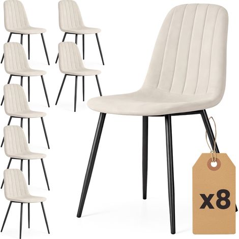 Lot de 8 Chaises en velours matelassées LUMO Beige pieds noirs (1/5)