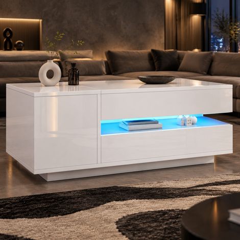 Mesa de centro elevable 95 x 50 x 40 cm con LED, cajón y almacenaje blanco DESVIAE (1/5)