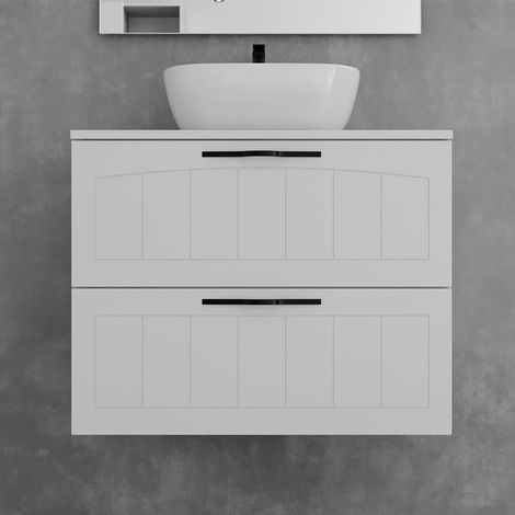 Meuble de salle de bain 60cm avec plateau et vasque à poser ovale - 2 tiroirs - sans miroir - blanc - PIA (1/5)
